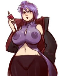 Rule 34 | 1girl, akatsuki (naruto), akatsuki uniform, artist name, blush, breasts, cameltoe, cleft of venus, closed mouth, coat, condom, condom wrapper, eyeshadow, flower, hair flower, hair ornament, holding, holding condom, konan (naruto), labret piercing, large breasts, looking at viewer, makeup, midriff, naruto (series), navel, open clothes, open coat, pants, piercing, pinkkoffin, purple hair, short hair, solo, tight clothes, tight pants