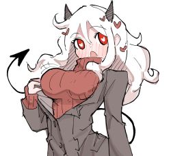 Rule 34 | 1girl, arm at side, black horns, black jacket, black suit, black tail, blush, breasts, business suit, curly hair, demon girl, demon horns, demon tail, formal, full-face blush, heart, heart-shaped pupils, helltaker, highres, horns, jacket, large breasts, long sleeves, looking at viewer, lyrinne, medium hair, modeus (helltaker), open clothes, open jacket, open mouth, red eyes, red sweater, ribbed shirt, shirt, short hair, simple background, sleeves past wrists, solo, standing, suit, sweater, symbol-shaped pupils, tail, turtleneck, undressing, upper body, white background, white hair