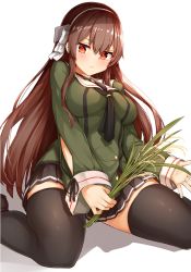 Rule 34 | .live, 1girl, absurdres, angry, black thighhighs, blush, breasts, brown hair, chausson, commentary request, headband, highres, kneeling, large breasts, long hair, looking at viewer, plant, red eyes, school uniform, solo, thighhighs, virtual youtuber, white background, yaezawa natori