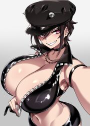 Rule 34 | 1girl, absurdres, alternate costume, black hair, black shorts, breasts, buttons, cleavage, commentary, english commentary, fingerless gloves, from side, gloves, hat, hat over one eye, hat tip, highres, huge breasts, hz (666v), impossible clothes, impossible shirt, looking at viewer, midriff, one eye closed, original, pink eyes, pov, shirt, short hair, short sleeves, shorts, simple background, sleeveless, sleeveless shirt, smile, solo, stomach, unzipped, upper body, white background, zepia (camui kamui)