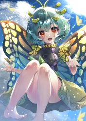 Rule 34 | 1girl, :d, absurdres, antennae, aqua hair, bare legs, barefoot, blue sky, butterfly wings, cloud, commission, commissioner upload, dfra, eternity larva, fairy, fang, full body, highres, insect wings, leaf, leaf on head, light particles, light rays, looking at viewer, open mouth, outdoors, red eyes, short hair, short sleeves, skeb commission, skin fang, sky, smile, solo, sun, touhou, wings