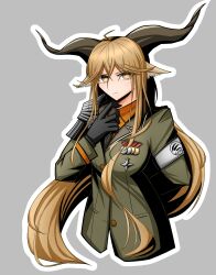 Rule 34 | 1girl, ahoge, animal ear fluff, animal ears, arknights, arm behind back, armband, armor, asymmetrical sidelocks, black gloves, black necktie, blonde hair, breasts, bright pupils, buttons, closed mouth, collared shirt, commentary request, cropped torso, crossed bangs, degenbrecher (arknights), double-parted bangs, dress shirt, expressionless, from side, gloves, goat ears, goat girl, goat horns, green jacket, grey background, hair between eyes, hair flowing over, hand up, highres, holding necktie, horns, insignia, jacket, lapels, light blush, long bangs, long hair, long sleeves, looking at viewer, looking to the side, medal, medium breasts, military, military jacket, military uniform, necktie, noa (86380828), notched lapels, orange shirt, outline, pauldrons, pocket, print armband, shadow, shirt, shoulder armor, sidelocks, simple background, single pauldron, single shoulder pad, solo, standing, uniform, upper body, v-shaped eyebrows, very long hair, white armband, white outline, white pupils, wing collar, yellow eyes