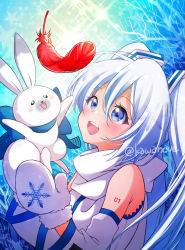 Rule 34 | 1girl, :d, arm tattoo, artist name, blue background, blue bow, blue eyes, bow, detached sleeves, feathers, hands up, hatsune miku, kawanobe, looking up, mittens, open mouth, rabbit, rabbit yukine, red feathers, smile, snowflakes, star (symbol), tattoo, twintails, upper body, vocaloid, white hair, white mittens, white neckwear, yuki miku