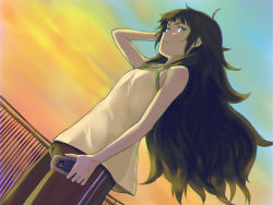 Rule 34 | 1girl, black hair, breasts, cellphone, dutch angle, expressionless, green eyes, highres, hiyajou maho, long hair, looking at viewer, menomorute, phone, railing, shorts, sleeveless, small breasts, solo, steins;gate, steins;gate 0, sunset, tank top, thick eyebrows