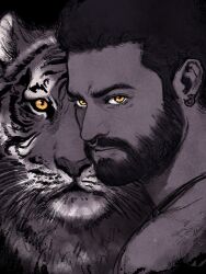 Rule 34 | 1boy, beard, character request, dark-skinned male, dark skin, earrings, facial hair, frown, glowing, glowing eyes, highres, indian, jewelry, kakatoheel, looking at viewer, male focus, mature male, nude, portrait, rrr (movie), serious, short hair, solo, spot color, thick eyebrows, thick mustache, tiger, whiskers, yellow eyes