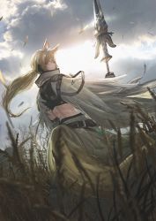Rule 34 | 1girl, absurdres, animal ear fluff, animal ears, apartment, arknights, black gloves, blonde hair, blouse, cloud, cloudy sky, dutch angle, from behind, gloves, gyoukan (jfxc), headset, highres, holding, holding polearm, holding weapon, horse ears, horse girl, horse tail, implied extra ears, long hair, looking back, midriff, nearl (arknights), nearl the radiant knight (arknights), official alternate costume, outdoors, overcast, polearm, ponytail, shirt, sky, solo, tail, weapon, wheat field, white shirt, yellow eyes