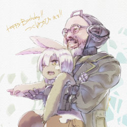 Rule 34 | 1boy, 1other, beard, black coat, bondrewd, bondrewd (cosplay), brown eyes, buna (bunasforest), coat, cosplay, facial hair, furry, glasses, grin, happy birthday, highres, lifting person, made in abyss, nanachi (made in abyss), open mouth, pants, pointing, puffy pants, rabbit ears, real life, smile, traditional media, tsukushi akihito (person), twitter username, whiskers, white hair