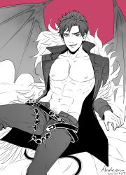 Rule 34 | 1boy, abs, anderain, bare pectorals, bat wings, belial (granblue fantasy), belt, black hair, demon wings, feather boa, feet out of frame, granblue fantasy, highres, looking at viewer, male focus, male pubic hair, navel, nipples, open belt, open fly, pectorals, pubic hair, pubic hair peek, short hair, sitting, smile, solo, spot color, toned, toned male, wings