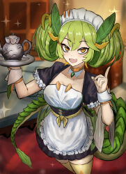 Rule 34 | 1girl, absurdres, adeshi (adeshi0693119), apron, blurry, blurry background, cowboy shot, detached collar, dragon girl, duel monster, fang, green hair, highres, holding, maid, maid headdress, open mouth, parlor dragonmaid, short hair, short twintails, solo, sparkle, twintails, yellow eyes, yu-gi-oh!