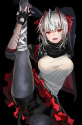 Rule 34 | 1girl, :d, arknights, arms up, bad id, bad twitter id, bandaged leg, bandages, bike shorts, black background, black gloves, black jacket, black scarf, black shorts, breasts, commentary request, fingerless gloves, gloves, highres, hominamia, horns, jacket, leg up, looking at viewer, medium breasts, miniskirt, open clothes, open jacket, open mouth, pantyhose, red eyes, scarf, shirt, short hair, short shorts, shorts, silver hair, simple background, skirt, smile, solo, split, standing, standing on one leg, standing split, w (arknights), white shirt