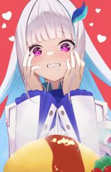 Rule 34 | 1girl, blue hair, blunt bangs, colored inner hair, drooling, food, frilled sleeves, frills, gradient hair, grey hair, hair ornament, hairclip, hands on own cheeks, hands on own face, heart, heart-shaped pupils, highres, lize helesta, lize helesta (1st costume), long hair, long sleeves, looking at food, looking at object, multicolored hair, nijisanji, omelet, omurice, purple eyes, red background, shirt, solo, symbol-shaped pupils, upper body, virtual youtuber, wabimochi, white shirt