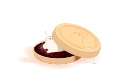 Rule 34 | animal, bear, chai (drawingchisanne), commentary request, food, food focus, hide and seek, highres, looking at viewer, monaka (food), no humans, original, polar bear, red bean paste, signature, sitting on food, sweets, translation request, undersized animal, wagashi, white background