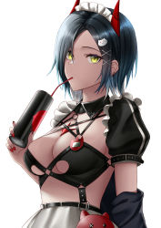 Rule 34 | 1girl, apron, azur lane, bandeau, black bandeau, black hair, black sleeves, breast strap, breasts, can, cat hair ornament, choker, cleavage, commentary, detached collar, detached sleeves, drink can, drinking, drinking straw, drinking straw in mouth, ear piercing, frills, gradient hair, hair between eyes, hair ornament, highres, holding, holding can, horns, looking at viewer, maid, maid headdress, medium breasts, midriff, multicolored hair, naga (pixiv70891418), nail polish, name tag, official alternate costume, piercing, puffy detached sleeves, puffy sleeves, red horns, red nails, short hair, sidelocks, simple background, soda can, solo, ulrich von hutten (azur lane), ulrich von hutten (mayhem maid) (azur lane), upper body, white background, x hair ornament, yellow eyes