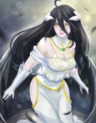 Rule 34 | 1girl, albedo (overlord), bare shoulders, black hair, breasts, cleavage, dress, elbow gloves, female focus, gloves, highres, hip vent, horns, ikhwan maulana, large breasts, long hair, overlord (maruyama), solo, very long hair, white dress, white gloves