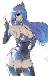 Rule 34 | 1girl, black thighhighs, blue eyes, blue hair, blue lips, breasts, cleavage, crescent, crescent earrings, crown, dark-skinned female, dark skin, detached collar, dress, earrings, elbow gloves, female focus, garter straps, gloves, hair over one eye, hand on own hip, highres, jewelry, large breasts, lipstick, long hair, luna (my little pony), makeup, maniacpaint, matching hair/eyes, microdress, my little pony, my little pony: friendship is magic, personification, short dress, sideboob, simple background, solo, spaghetti strap, thighhighs, white background, zettai ryouiki