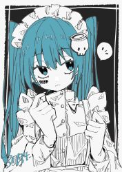 Rule 34 | 1girl, 3774., alternate costume, apron, aqua eyes, aqua hair, barcode, barcode tattoo, buttons, commentary, enmaided, facial tattoo, greyscale, hair ornament, hands up, hatsune miku, high collar, highres, index finger raised, long sleeves, looking to the side, maid, maid apron, maid headdress, monochrome, outside border, skull hair ornament, solo, spoken notice lines, spot color, tattoo, twintails, upper body, vocaloid