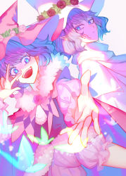 Rule 34 | 2girls, :d, absurdres, black clover, blue eyes, cape, commentary request, dorothy unsworth, dual persona, elf, expressionless, facial mark, flower, frit 2, hat, hat flower, highres, looking at viewer, multiple girls, open mouth, outstretched hand, pink cape, pink flower, pink headwear, pink rose, pink shorts, pointy ears, purple cape, purple hair, red flower, red rose, reve (black clover), rose, short hair, shorts, smile, v, witch hat