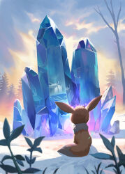 Rule 34 | absurdres, bare tree, blurry, blurry foreground, cloud, commentary, creatures (company), crystal, day, different reflection, eevee, game freak, gen 1 pokemon, gen 4 pokemon, glaceon, highres, nintendo, no humans, outdoors, pokemon, pokemon (creature), reflection, renl0l, sitting, sky, snow, tree