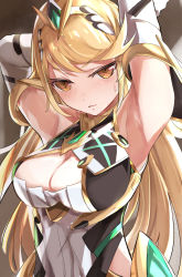 Rule 34 | 1girl, armpits, arms up, bare shoulders, blonde hair, blush, breasts, chest jewel, cleavage, cleavage cutout, clothing cutout, dress, elbow gloves, gloves, highres, large breasts, long hair, looking at viewer, mythra (xenoblade), short dress, solo, sweatdrop, swept bangs, tiara, tomas (kaosu22), very long hair, white dress, white gloves, xenoblade chronicles (series), xenoblade chronicles 2, yellow eyes