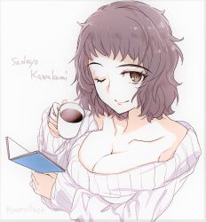 Rule 34 | 1girl, arm under breasts, book, breasts, brown eyes, brown hair, character name, cleavage, coffee, collarbone, cup, hands up, holding, holding book, holding cup, kawakami sadayo, large breasts, looking at viewer, medium hair, one eye closed, open book, persona, persona 5, smile, solo, steam, sweater, twitter username, upper body, white background, white sweater, yaoto
