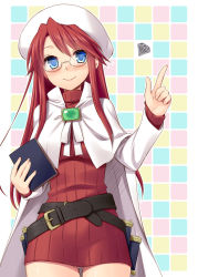 Rule 34 | 1girl, aty, aty (summon night), belt, blue eyes, blush, book, cape, glasses, hat, hazuki (etcxetc), holding, long hair, looking at viewer, red hair, smile, solo, summon night, summon night 3
