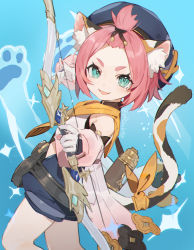 Rule 34 | 1girl, animal ear fluff, animal ears, aqua eyes, bangs pinned back, blue background, blue hat, bow (weapon), cat ears, cat tail, detached sleeves, diona (genshin impact), genshin impact, gloves, hat, highres, holding, holding bow (weapon), holding weapon, open mouth, orange neckwear, paw print, pink hair, ribbon, short eyebrows, short hair, shorts, simple background, solo, sparkle, tail, tail ornament, tail ribbon, type-alpha, weapon, white gloves