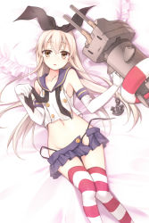 Rule 34 | 10s, 1girl, anchor, blonde hair, blush, elbow gloves, gloves, groin, gunp, hairband, kantai collection, lifebuoy, long hair, looking at viewer, lying, midriff, navel, on back, personification, pillow, rensouhou-chan, shimakaze (kancolle), skirt, striped clothes, striped thighhighs, swim ring, thighhighs, yellow eyes