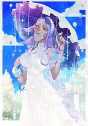 Rule 34 | 1girl, bad tag, balloon, charlotte brulee, closed mouth, cloud, commentary request, cowboy shot, dress, highres, holding, holding umbrella, looking at viewer, medium hair, one piece, purple hair, rsk rasukuman, see-through, see-through sleeves, sidelocks, sky, smile, solo, sparkle, umbrella, white dress, yellow eyes