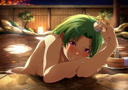 Rule 34 | 1girl, autumn leaves, blush, bottle, breasts, bucket, chousokabe motochika (sengoku otome), closed mouth, commentary request, cup, earrings, green hair, half-closed eyes, holding, holding cup, jewelry, large breasts, leaning forward, looking at viewer, night, nude, onsen, outdoors, parted bangs, purple eyes, qwel 08, rock, sake bottle, sengoku otome, short hair, smile, solo, water, wet
