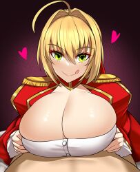 Rule 34 | 1boy, 1girl, :d, absurdres, ahoge, altronage, blonde hair, breasts, cleavage, dress, fate/extra, fate (series), green eyes, hair bun, hair intakes, highres, implied paizuri, large breasts, nero claudius (fate), nero claudius (fate) (all), nero claudius (fate/extra), open mouth, red dress, single hair bun, smile