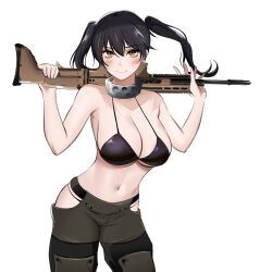 Rule 34 | 1girl, absurdres, azmi yudista, bare arms, bare shoulders, bikini, bikini top only, black hair, breasts, closed mouth, commission, contrapposto, cowboy shot, en&#039;en no shouboutai, glint, grey pants, gun, hands up, highres, hip vent, holding, holding gun, holding weapon, large breasts, looking at viewer, navel, pants, rifle, simple background, slit pupils, smile, solo, stomach, swimsuit, tamaki kotatsu, twintails, weapon, white background, yellow eyes