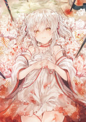 Rule 34 | 1girl, cowboy shot, detached sleeves, dress, flower, hair between eyes, hair ribbon, highres, ikeuchi tanuma, interlocked fingers, long sleeves, looking at viewer, multicolored hair, needle, original, own hands together, parted lips, red ribbon, ribbon, rose, sidelocks, silver hair, sleeveless, sleeveless dress, solo, strap slip, string, string of fate, thigh gap, two-tone hair, white dress, white flower, white rose, white sleeves, wide sleeves