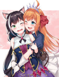Rule 34 | 2girls, ;d, absurdres, ahoge, animal ear fluff, animal ears, black hair, blue eyes, cat ears, cat girl, commentary request, detached sleeves, fang, gloves, green eyes, hair ribbon, highres, hug, karyl (princess connect!), long hair, looking at viewer, low twintails, multicolored hair, multiple girls, one eye closed, open mouth, orange hair, pecorine (princess connect!), princess connect!, rama (yu-light8), red ribbon, ribbon, skin fang, smile, streaked hair, tiara, twintails, white gloves, white hair