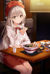 Rule 34 | 1girl, absurdres, bad id, bad pixiv id, chopsticks, closed mouth, commentary, cup, food, grey hair, highres, holding, holding chopsticks, indoors, legs together, long hair, looking at viewer, nail polish, noodles, original, pepper shaker, ramen, red headwear, red neckwear, red skirt, restaurant, salt shaker, shaffelli, shirt, sidelocks, sitting, skirt, solo, symbol-only commentary, table, tray, waitress, white shirt, yellow eyes