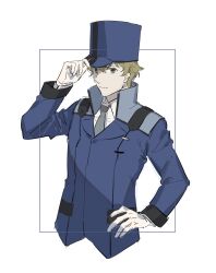 Rule 34 | 1boy, blonde hair, blue border, blue hat, blue jacket, border, closed mouth, collared shirt, commentary request, gloves, graham aker, green eyes, grey necktie, gundam, gundam 00, hair between eyes, hand on own hip, hat, highres, holding, holding clothes, holding hat, jacket, long sleeves, looking at viewer, military hat, nanao parakeet, necktie, shirt, short hair, simple background, solo, top hat, upper body, very short hair, white background, white gloves, white shirt