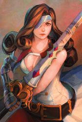 Rule 34 | 1girl, bare shoulders, beatrix (ff9), belt, breasts, brown background, brown eyes, brown hair, cassandra (avocasso), cleavage, curly hair, dress, eyepatch, fighting stance, final fantasy, final fantasy ix, fingerless gloves, gauntlets, gloves, highres, holding, holding sword, holding weapon, large breasts, long hair, looking to the side, loose belt, parted bangs, plunging neckline, reflection, sleeveless, sleeveless dress, sword, upper body, weapon, white dress