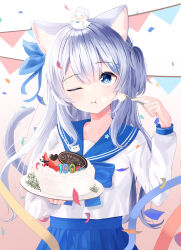 Rule 34 | 1girl, ;t, ahoge, animal ears, blue bow, blue eyes, blue sailor collar, blue skirt, bow, cake, cat ears, cat girl, cat tail, closed mouth, commentary, commission, confetti, eating, food, food on face, fork, fruit, gradient background, grey hair, hair between eyes, hair ornament, hairclip, hand up, highres, holding, holding fork, holding plate, long hair, one eye closed, one side up, original, pennant, pink background, plate, pleated skirt, sailor collar, school uniform, serafuku, shiro (acad1213), shirt, skirt, solo, strawberry, string of flags, tail, very long hair, white background, white shirt