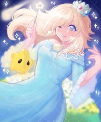Rule 34 | 1girl, ;), absurdres, bare shoulders, blonde hair, blue dress, blue eyes, brooch, closed mouth, crown, dress, earrings, eyelashes, hair over one eye, highres, holding, holding wand, jewelry, long sleeves, looking at viewer, luma (mario), mario (series), miiyastars, nintendo, off-shoulder dress, off shoulder, one eye closed, rosalina, shooting star, smile, star (symbol), star brooch, star earrings, super mario galaxy, wand, wide sleeves