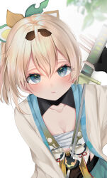 1girl absurdres blonde_hair blue_eyes blush chest_sarashi hair_between_eyes hair_ornament highres hololive japanese_clothes kazama_iroha kazama_iroha_(1st_costume) kimono layered_clothes layered_kimono leaf leaf_hair_ornament moemoepiano open_clothes open_kimono sarashi sash short_hair solo two-tone_kimono virtual_youtuber white_background white_kimono wide_sleeves