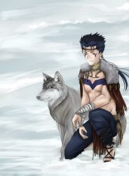 Rule 34 | 1boy, abs, bandages, blue hair, breath, choker, circlet, coat, cu chulainn (fate), cu chulainn (fate/stay night), facial mark, fate/stay night, fate (series), fur coat, highres, male focus, on one knee, ponytail, red eyes, sandals, snow, solo, topless male, tusia, wolf