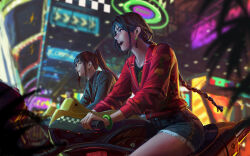 Rule 34 | 2girls, :d, arcade cabinet, black hair, black jacket, black shirt, black shorts, black sweater, blurry, blurry background, blurry foreground, braid, depth of field, earrings, from side, guweiz, hairband, highres, indoors, jacket, jewelry, long hair, long sleeves, multiple girls, neon lights, open mouth, original, ponytail, puffy long sleeves, puffy sleeves, red hairband, red jacket, ribbed sweater, shirt, short shorts, shorts, single braid, smile, sweater, turtleneck, turtleneck sweater, very long hair
