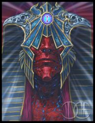 Rule 34 | 1boy, ancient egyptian hat, blue headwear, close-up, colored skin, covered eyes, cyclops, david haire, energy, glowing, glowing eye, headpiece, highres, long hair, magnus the red, one-eyed, primarch, red hair, red skin, signature, solo, warhammer 40k
