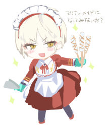 Rule 34 | 1girl, alternate costume, apron, blue archive, blush, chibi, dress, food, full body, gloves, holding, holding food, long sleeves, looking at viewer, maid apron, maid headdress, marina (blue archive), neck ribbon, open mouth, red dress, ribbon, short hair, simple background, slit pupils, smile, solo, sparkle, translation request, v-shaped eyebrows, white background, white hair, yanyo (ogino atsuki), yellow eyes
