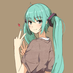 Rule 34 | 1girl, absurdres, bad id, bad pixiv id, couzone, green eyes, green hair, hatsune miku, highres, long hair, looking back, matching hair/eyes, nail polish, simple background, smile, solo, twintails, v, vocaloid