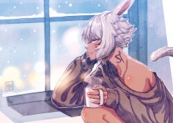 Rule 34 | 1girl, absurdres, animal ears, cat ears, cat tail, cup, dark-skinned female, dark skin, facial mark, final fantasy, final fantasy xiv, grey eyes, highres, hjz (artemi), holding, holding cup, indoors, miqo&#039;te, mug, neck tattoo, revision, short hair, solo, sweater, tail, tattoo, whisker markings, white hair, window, y&#039;shtola rhul
