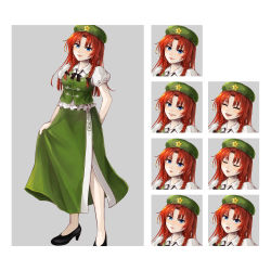 Rule 34 | 1girl, :d, angry, beret, black footwear, blue eyes, braid, character name, chinese clothes, closed eyes, closed mouth, commentary request, copyright name, embodiment of scarlet devil, expression chart, eyelashes, full body, green hat, green skirt, green vest, hat, hat ornament, high heels, highres, hong meiling, hoshiringo0902, lipstick, long hair, makeup, open mouth, parted bangs, red hair, sad, side braid, skirt, skirt hold, smile, solo, star (symbol), star hat ornament, surprised, touhou, twin braids, v-shaped eyebrows, vest
