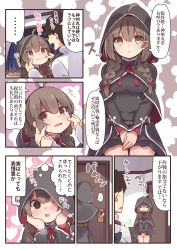 Rule 34 | ..., 1boy, 2girls, @ @, admiral (kancolle), ahoge, belt, black capelet, black dress, black hair, black ribbon, blush, braid, brown belt, brown eyes, brown hair, buttons, capelet, comic, commentary request, dress, closed eyes, green hair, hair ribbon, heart, highres, hood, hooded capelet, kantai collection, long hair, long sleeves, motion lines, multiple girls, open mouth, partial commentary, partially translated, pleated dress, red ribbon, ribbon, shinshuu maru (kancolle), short hair, smile, speech bubble, spoken ellipsis, suzuki toto, translation request, twin braids, yamakaze (kancolle)