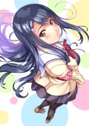 Rule 34 | 1girl, aho girl, armband, black hair, black pantyhose, blush, brown eyes, floating hair, from above, full body, fuuki iinchou (aho girl), hair ornament, hairclip, loafers, long hair, looking at viewer, pantyhose, ribbon, school uniform, shoes, smile, solo, standing, very long hair, yukikaze (aaassszzz)