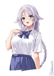 Rule 34 | 1girl, aqua eyes, blue skirt, braid, braided ponytail, breasts, collared shirt, dress shirt, ebifurya, hair between eyes, hair flaps, hand on own chest, hand up, highres, kantai collection, large breasts, long hair, looking at viewer, mole, mole under eye, one-hour drawing challenge, open mouth, pleated skirt, ribbon, shirt, shirt tucked in, short sleeves, simple background, skirt, smile, solo, umikaze (kancolle), very long hair, white background, white shirt