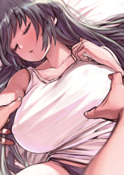 Rule 34 | 1girl, black hair, blush, breasts, closed eyes, commentary request, covered erect nipples, hair down, highres, huge breasts, isuzu (kancolle), kantai collection, lips, long hair, lying, on back, panties, parted lips, pov, purple panties, shirt, sleep molestation, solo focus, takahashi meishin, tank top, taut clothes, taut shirt, underwear, white tank top
